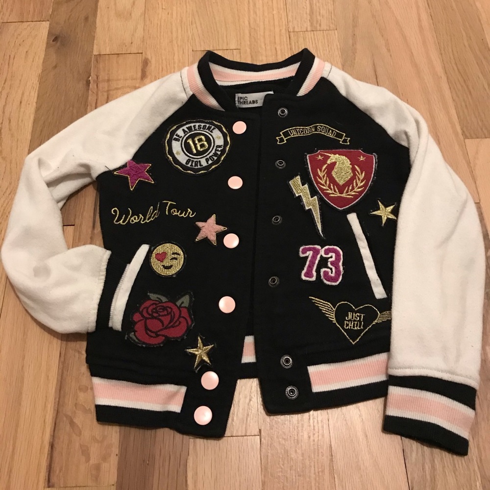 Little girls varsity jacket with patches!